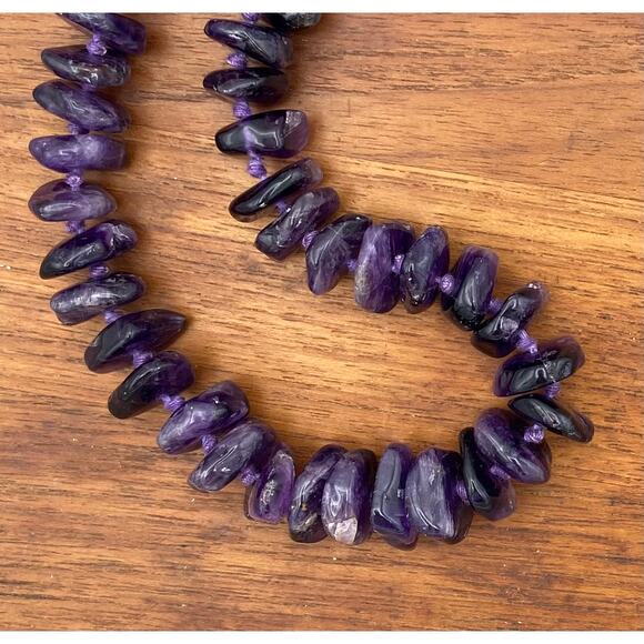 37" Genuine Amethyst Graduated Nugget Necklace Hand-Knotted Vintage Dark Boho - Picture 5 of 11